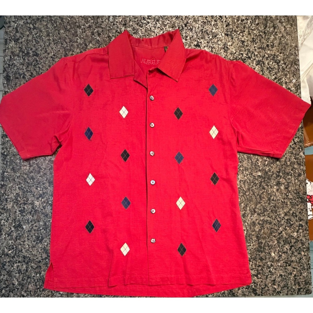 Aureus Mens Red Silk Cotton Argyle Short Sleeve Button Down Shirt Size M